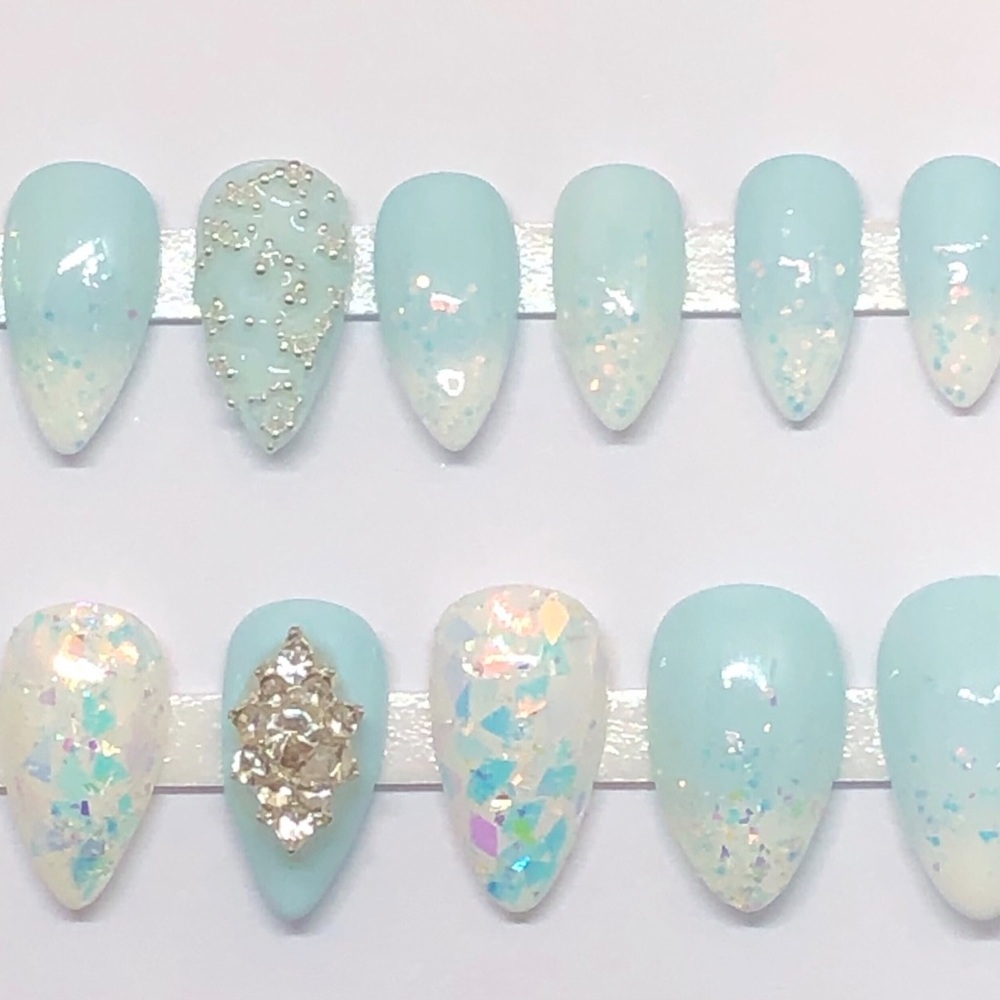 *SOLD* Handmade Custom Press On Nails Short Almond Shape Baby Blue French Tip - Picture 2 of 10
